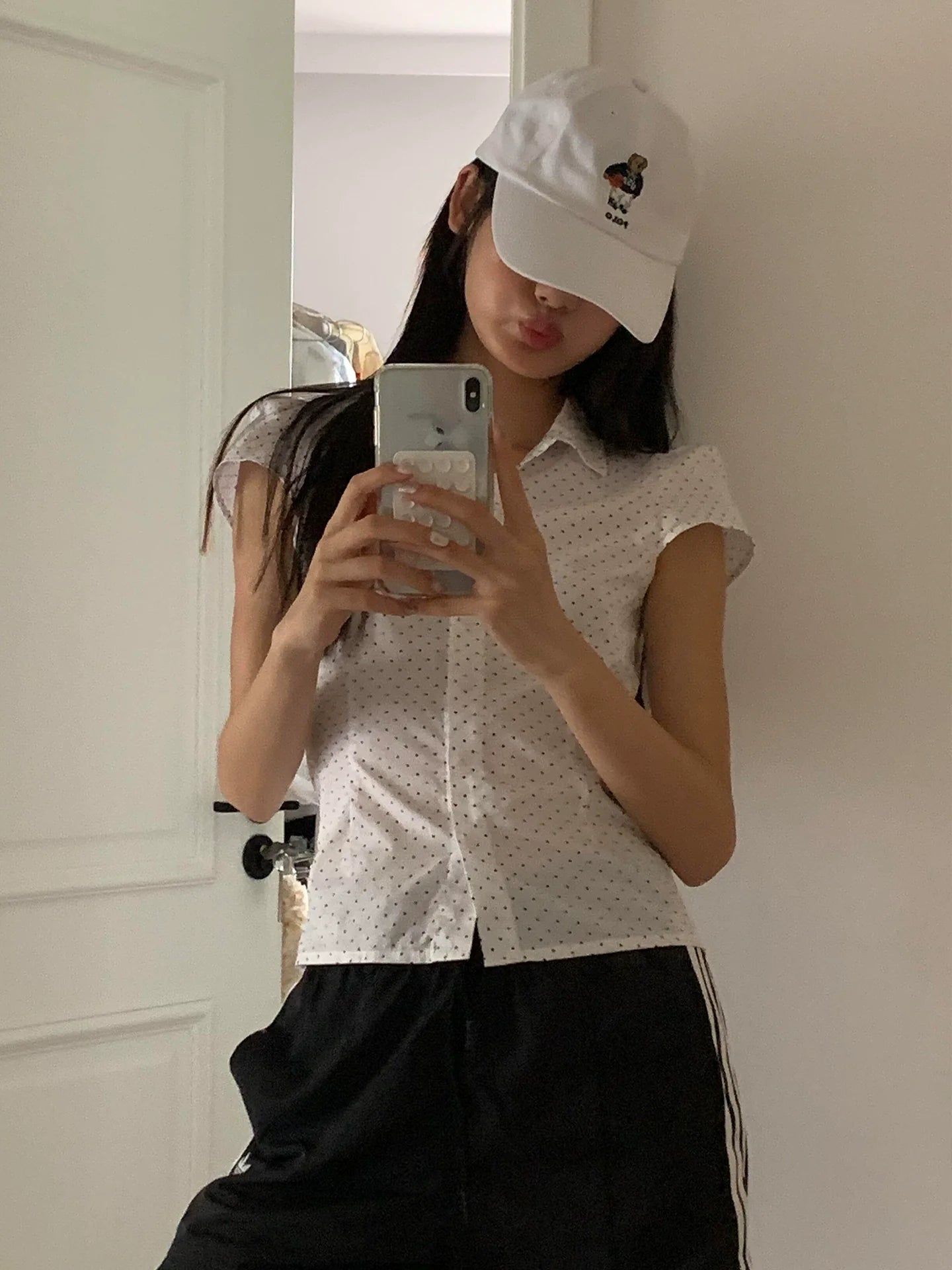 Y2K Star & Polka Dot Polo Shirt White Fitted Summer Top