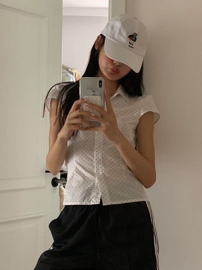 Y2K Star & Polka Dot Polo Shirt White Fitted Summer Top