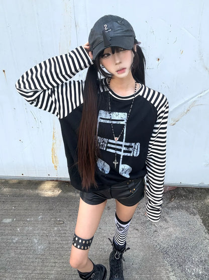 Y2K Light Subculture Striped Long Sleeve Tee Musical Print Raglan Top