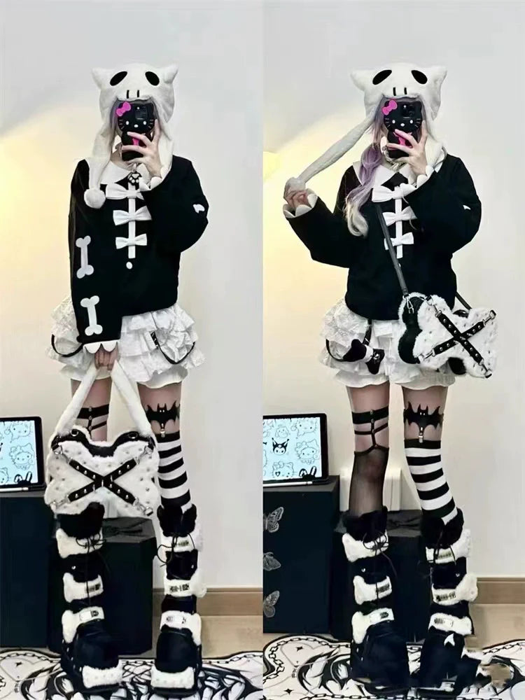 White [Built-in Safety Shorts] Subculture Y2K E-girl Dopamine 3D Ruched Cake Skirt (Spring-Autumn)