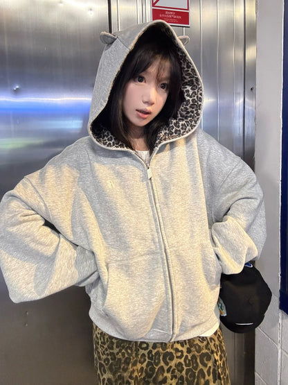 American Leopard Print Hoodie Heavyweight Zip-Up Sweatshirt