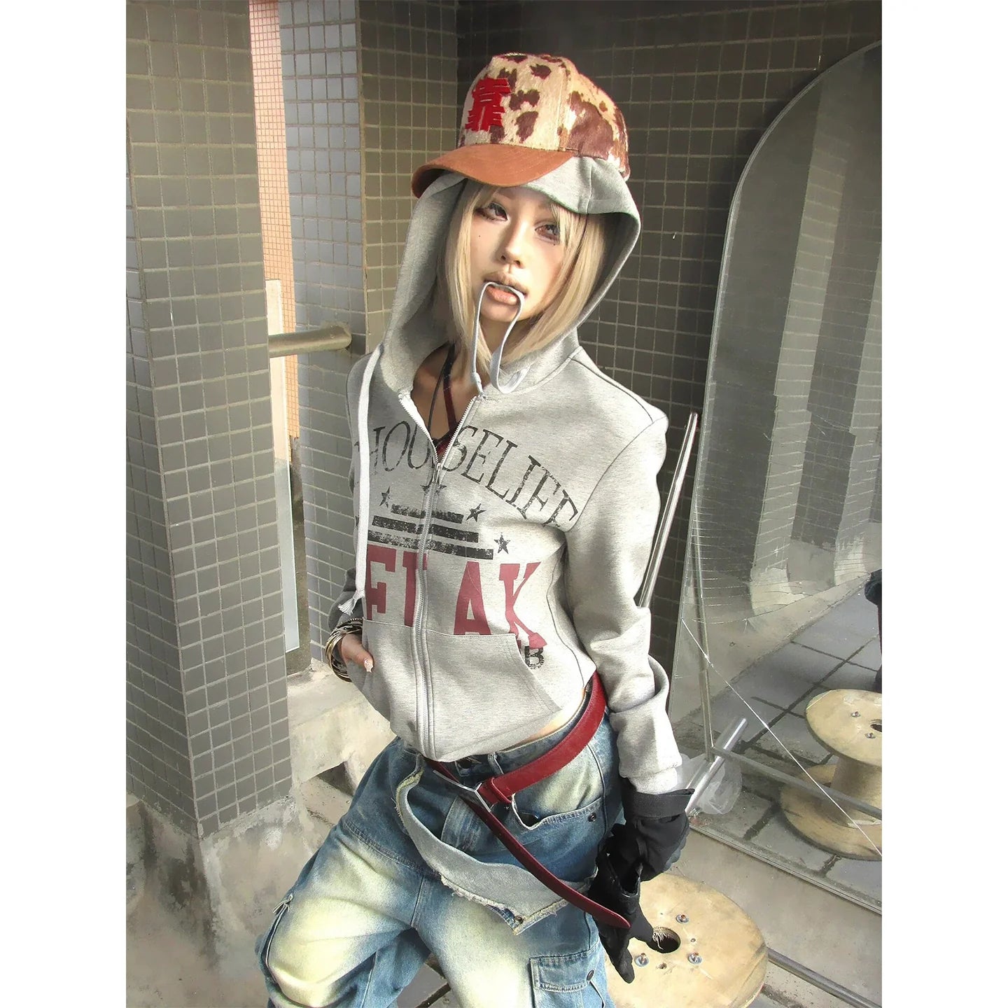American Distressed Gray Hoodie Printed Zip-Up Jacket