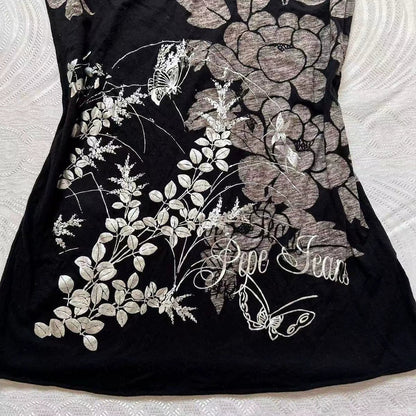 Black Subculture Y2K E-girl Abi American Retro Print Tie & Open-Back Short Sleeve Top