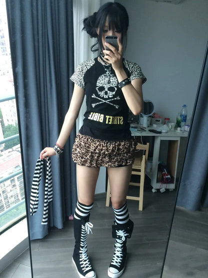 Leopard Embroidery Subculture Punk Y2K E-girl Vintage Slim Short Top