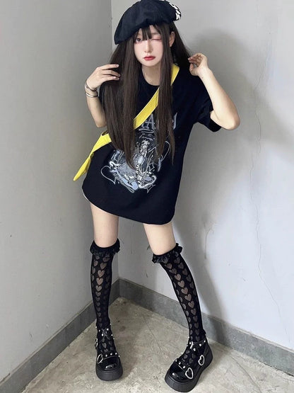 White Harajuku Cartoon Print Niche Design Oversized Y2K T-Shirt