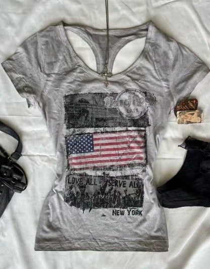 Gray Subculture Punk Y2K Abi E-girl American Retro Cutout Open-Back Print Short Sleeve Top