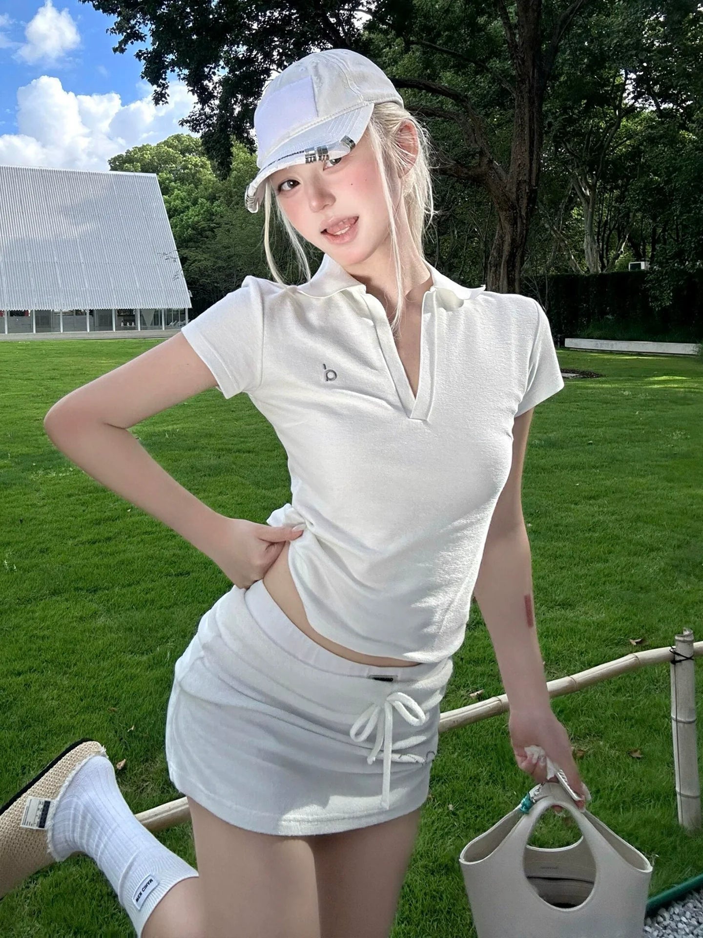 American White Polo Tee V-Neck Slim Fit Sports Top