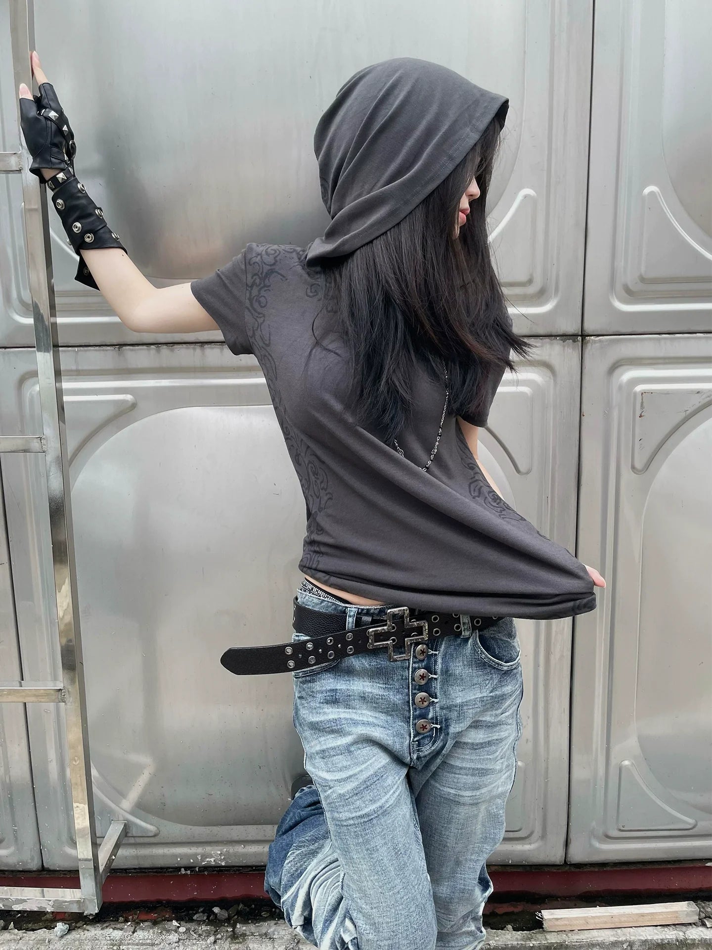 Punk Y2K Full Print Hoodie Tee Summer 2025 Visual Kei Structured Shoulder Top