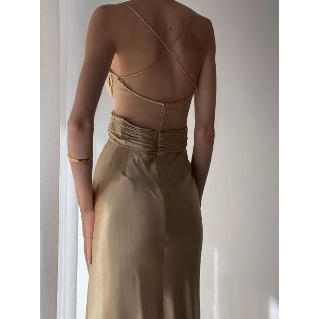 French V-Neck Cross Satin Spaghetti Strap Gown Dress