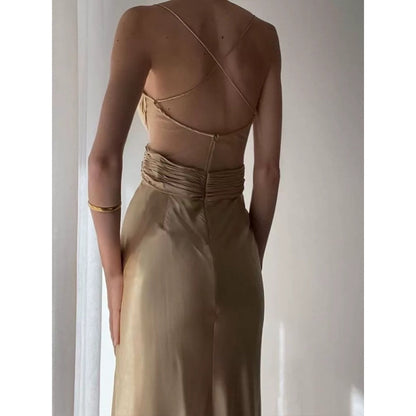 French V-Neck Cross Satin Spaghetti Strap Gown Dress