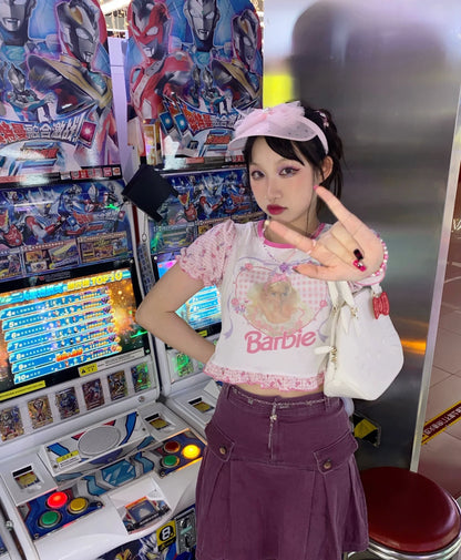 Barbie Pink Retro Sweet Bubble Sleeve Cropped Y2K T-Shirt