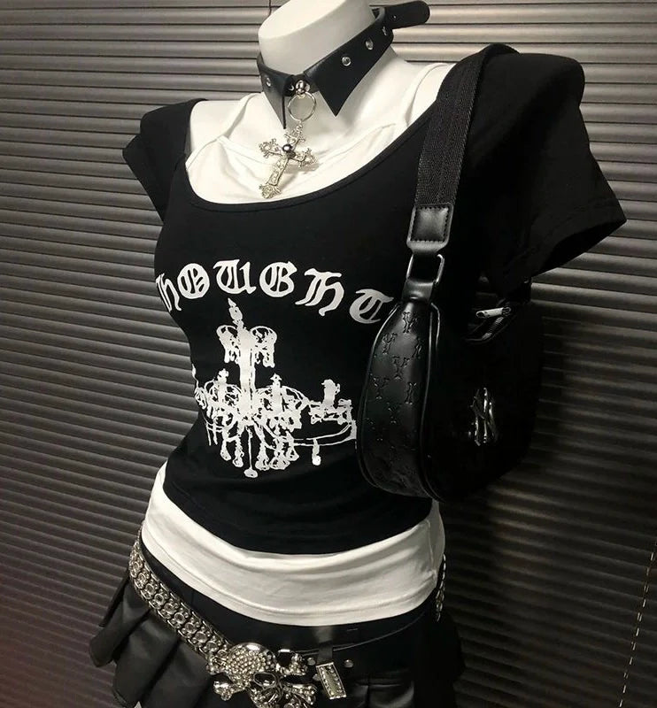 Black American Vintage Crown Print Fake Two-Piece Y2K T-Shirt