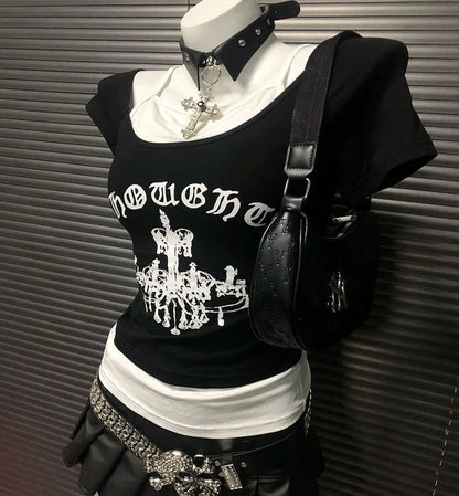 Black American Vintage Crown Print Fake Two-Piece Y2K T-Shirt