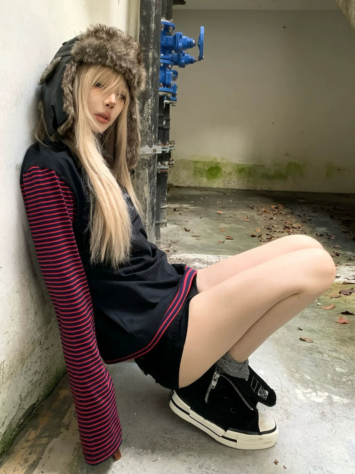 Punk Visual Stripe Skull Long Sleeve Tee Autumn Y2K Lightweight Top Unique Fashion