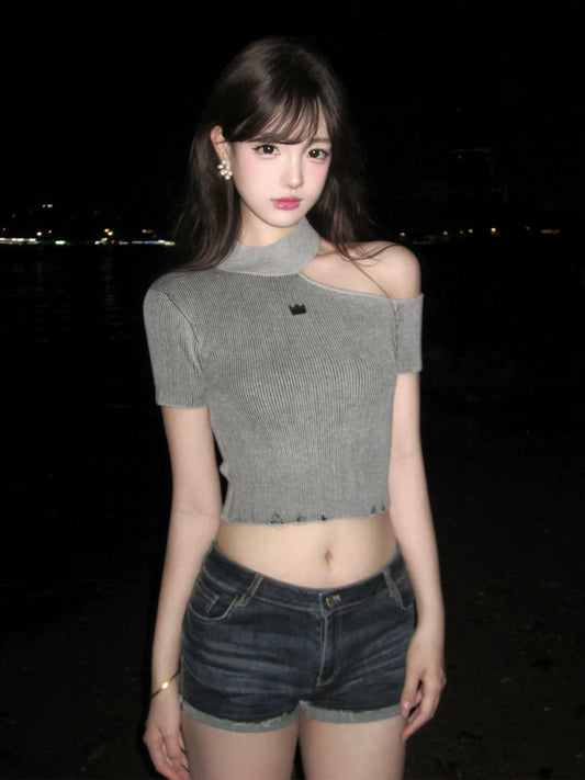 Asymmetrical Knitted Shoulder Short Sleeve Slim Crop Top