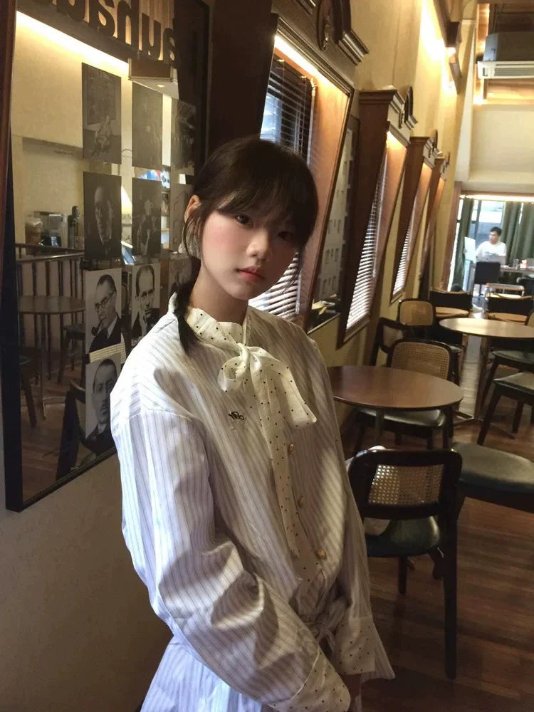 Korean-Style Polka Dot Cardigan + Stripe Dress Two-Piece Set