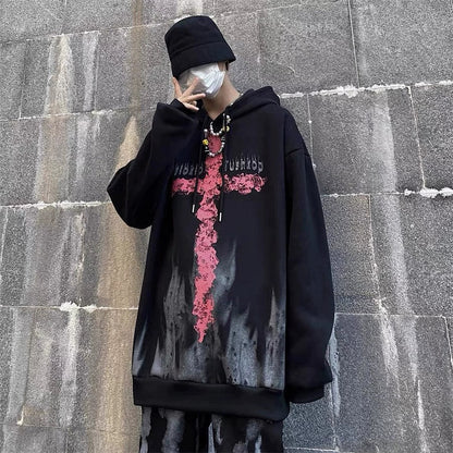 Black Y2K Rock Punk Cross Fleece-Lined Hoodie