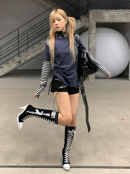 Y2K Striped Colorblock Long Sleeve Layered T Shirt Top