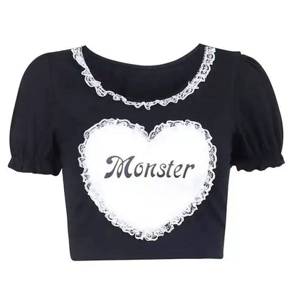 Black Subculture Punk Y2K E-girl Lace Heart Short Slim Top