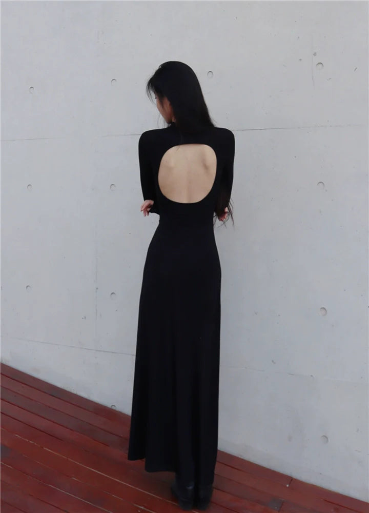 Black Mock-Neck Backless Bodycon Midi Dress for Fall