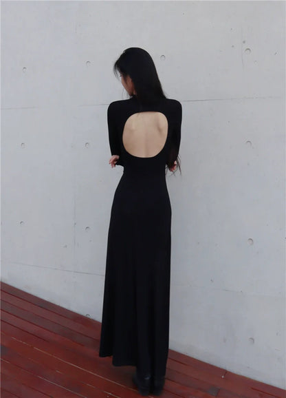 Black Mock-Neck Backless Bodycon Midi Dress for Fall