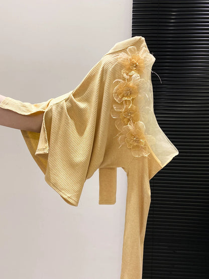 Unique Design Lace Tulle Off-The-Shoulder Long-Sleeve Fitted Base Layer Top With 3D Flowers