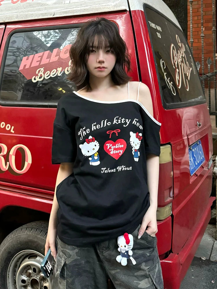 American Black Off-Shoulder Tee Kitty Print Loose Top
