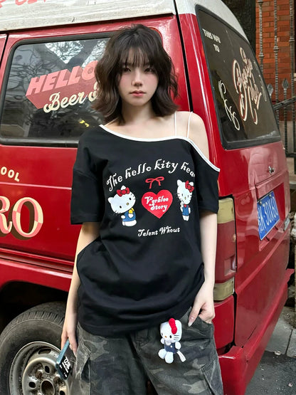 American Black Off-Shoulder Tee Kitty Print Loose Top