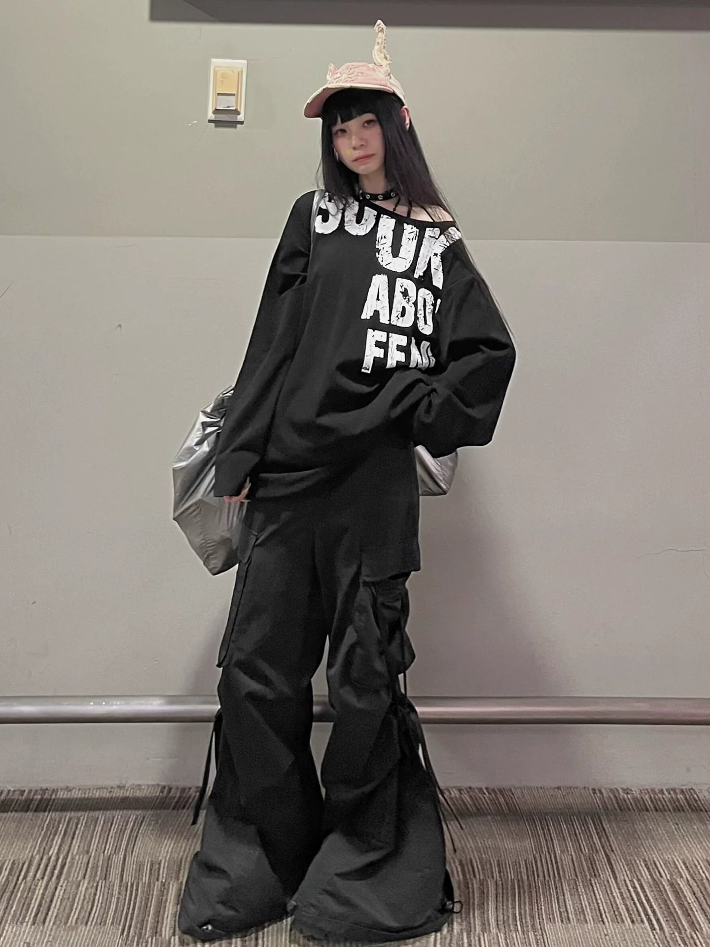 American Vintage Off-Shoulder Long Sleeve Tee  Distressed Letter Print Loose Hot Girl Top