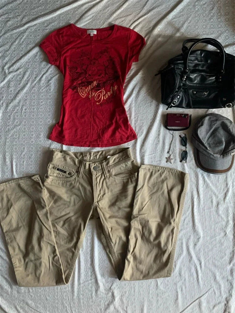 Red American Vintage Print Slim Fit Short Sleeve Y2K T-Shirt