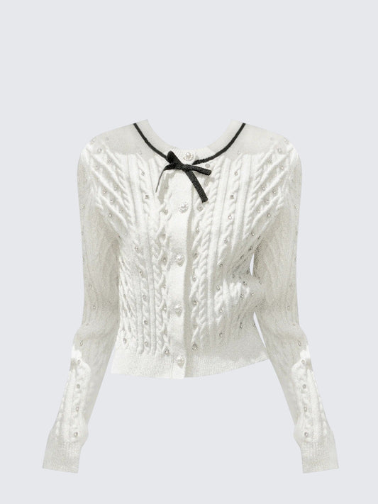 White Bow Knit Cardigan