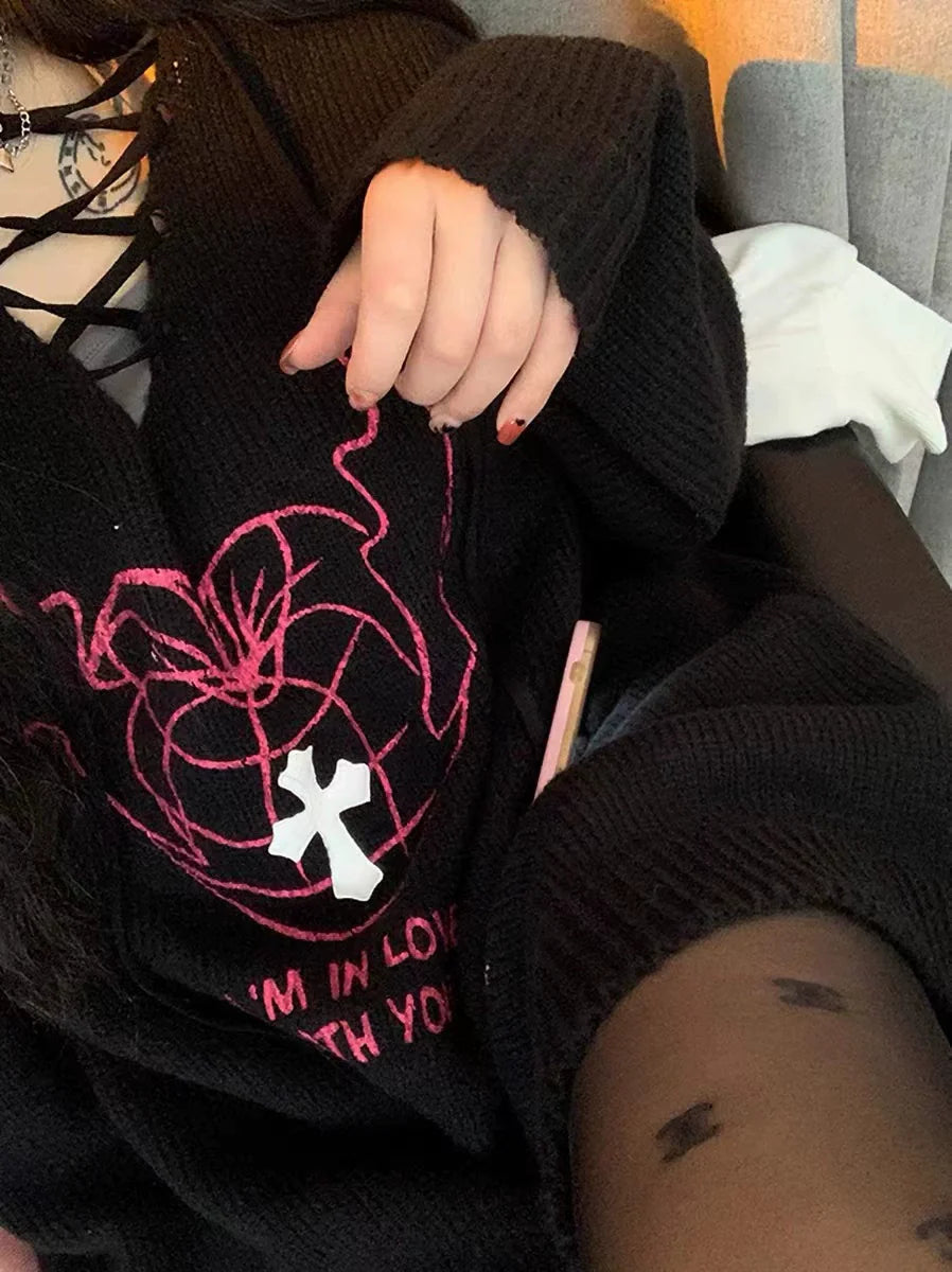 Heather Gray Camisole + Black Sweater Two-Piece Set Subculture Punk Y2K E-girl V-neck Slouchy Knit Top