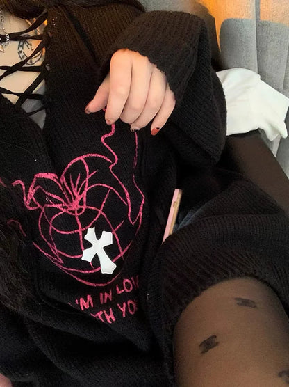 Heather Gray Camisole + Black Sweater Two-Piece Set Subculture Punk Y2K E-girl V-neck Slouchy Knit Top