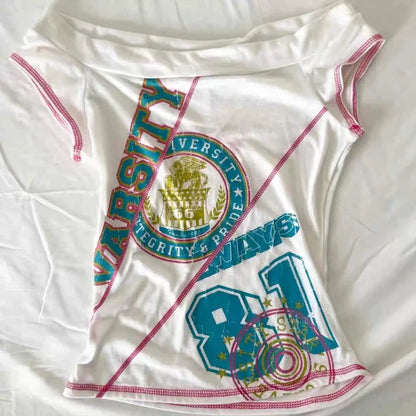 White Off-The-Shoulder Vintage Print Light Subculture Y2K T-Shirt