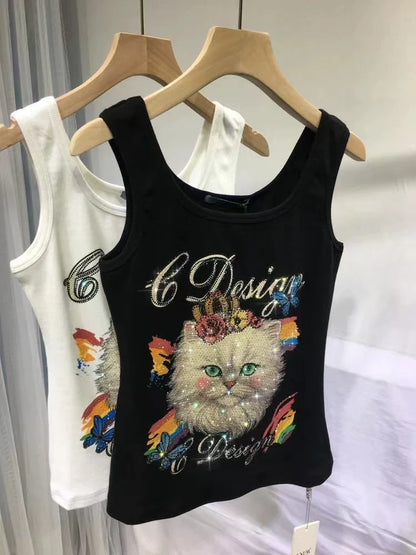 Black Punk Heavy Rhinestone Cat Y2K Tank Top