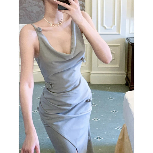 French Sleeveless Waist-Fit Beach Gown Dress – Chic Resort Dress