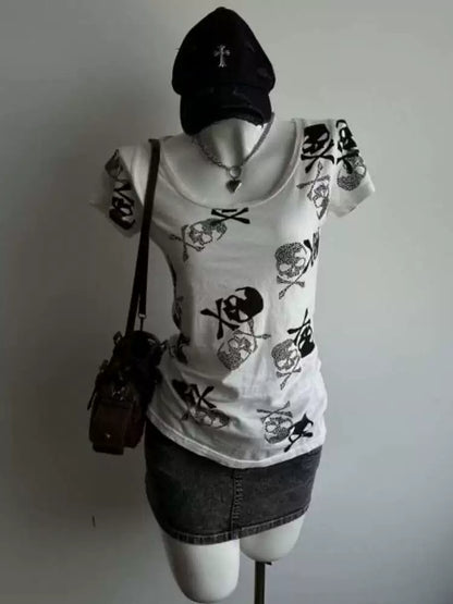 White Subculture Punk Y2K E-girl Abi American Retro Skull Print Short Sleeve Top (Style 2)