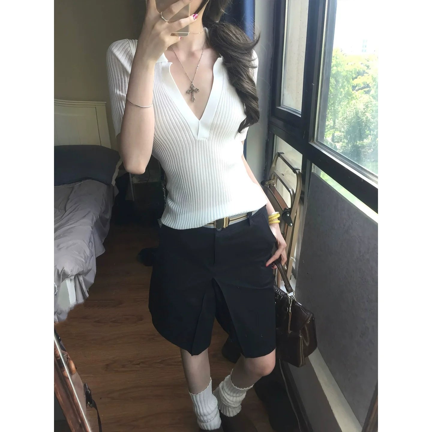 Old Money Deep V Knit Top Elegant Short Sleeve Slim Fit T-Shirt