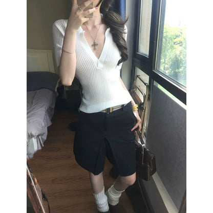 Old Money Deep V Knit Top Elegant Short Sleeve Slim Fit T-Shirt