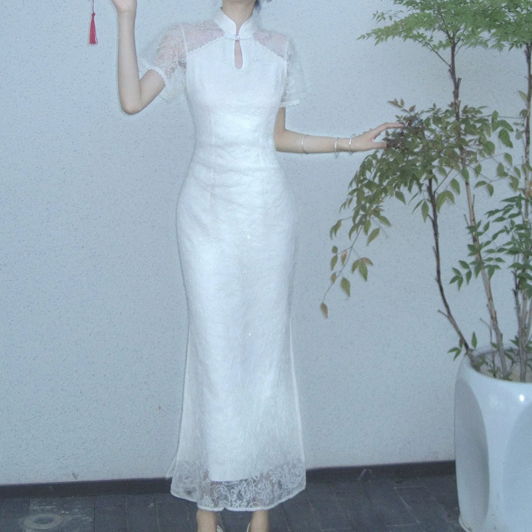 Modern Chinese Lace Cutout Sleeveless Gown Dress – National Style Evening Dress