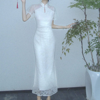 Modern Chinese Lace Cutout Sleeveless Gown Dress – National Style Evening Dress