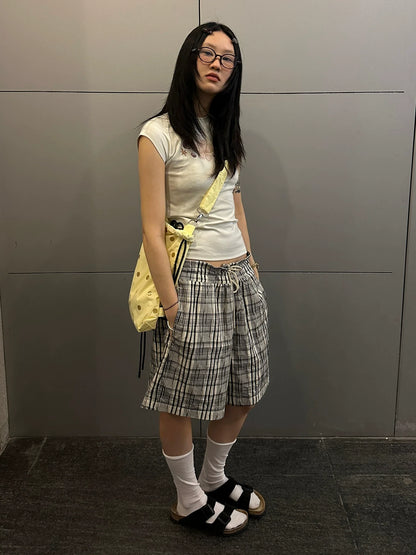 Vacation Plaid Relaxed Shorts Japanese Textured Wide-Leg Mid Shorts