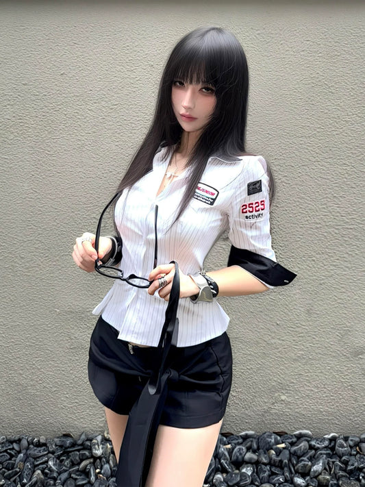 Sporty Baseball Striped Short Sleeve Shirt