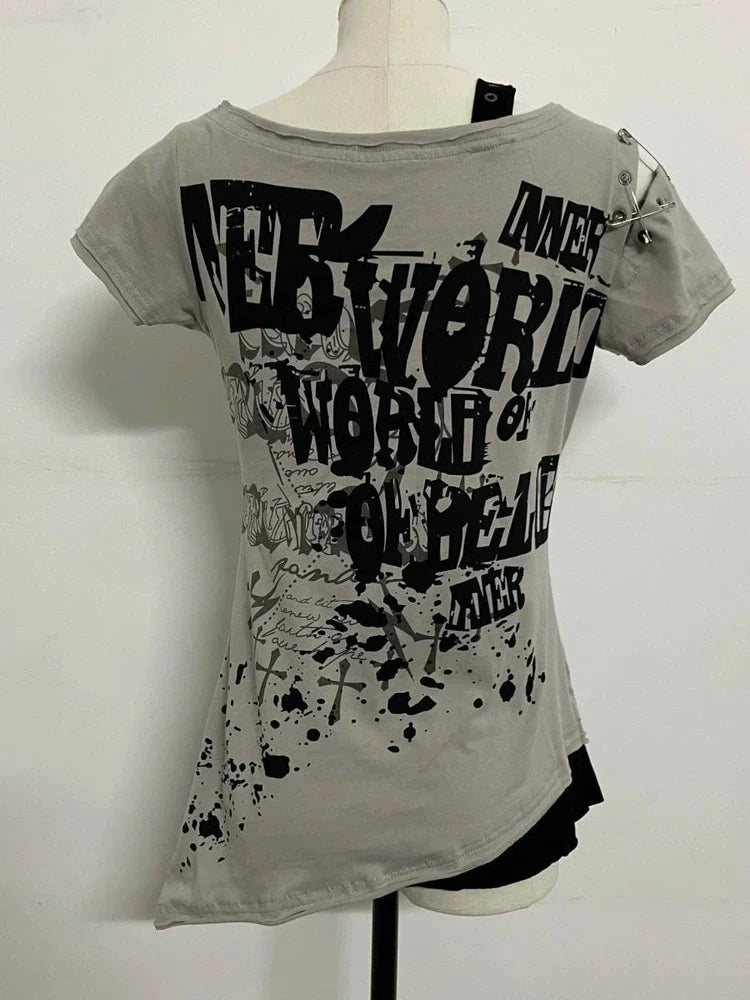 Gray Subculture Punk Y2K E-girl Abi American Retro Skull Fake Two-Piece Short Sleeve Top