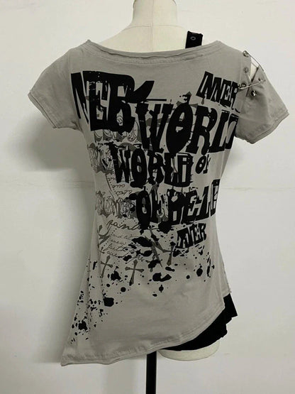 Gray Subculture Punk Y2K E-girl Abi American Retro Skull Fake Two-Piece Short Sleeve Top