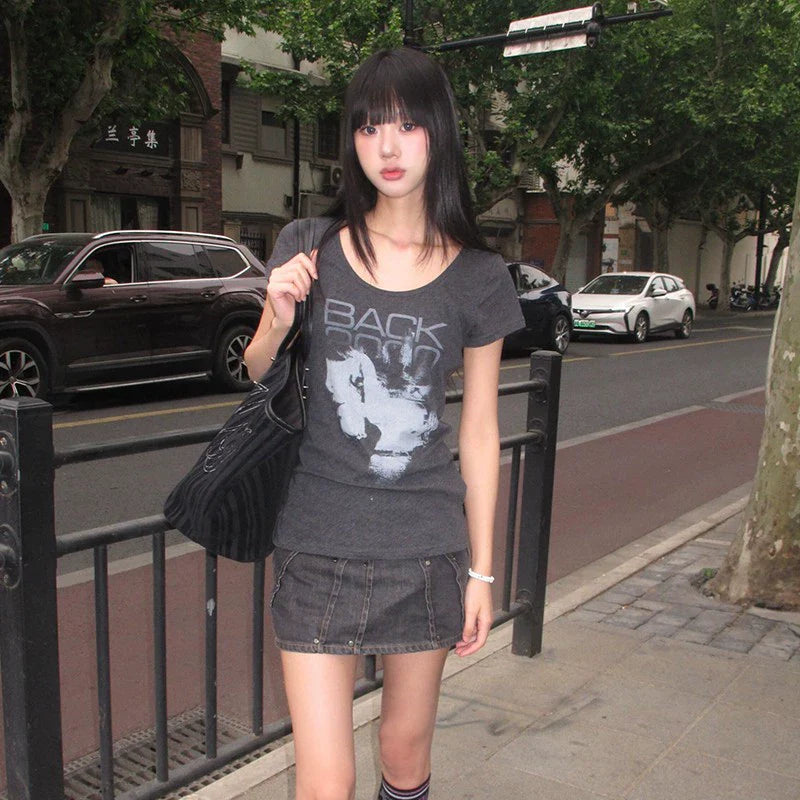 Y2K Vintage Large Neck Tee Fitted Crop Short Sleeve Top