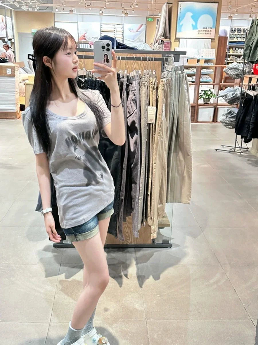 Gray Subculture Y2K E-girl Abi American Retro Phantom Print Light Subculture Short Sleeve Top