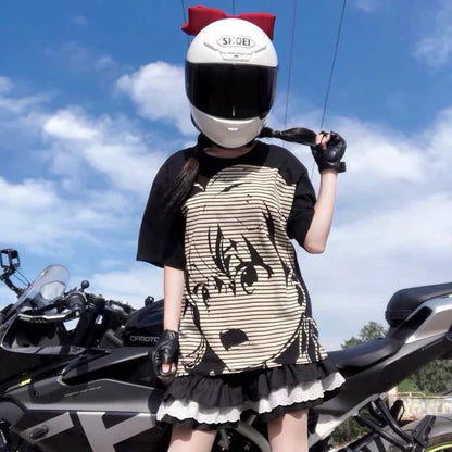 Black Tarmac Print Set Subculture Punk Y2K Japanese Anime T-shirt + Black Tiered Skirt Set