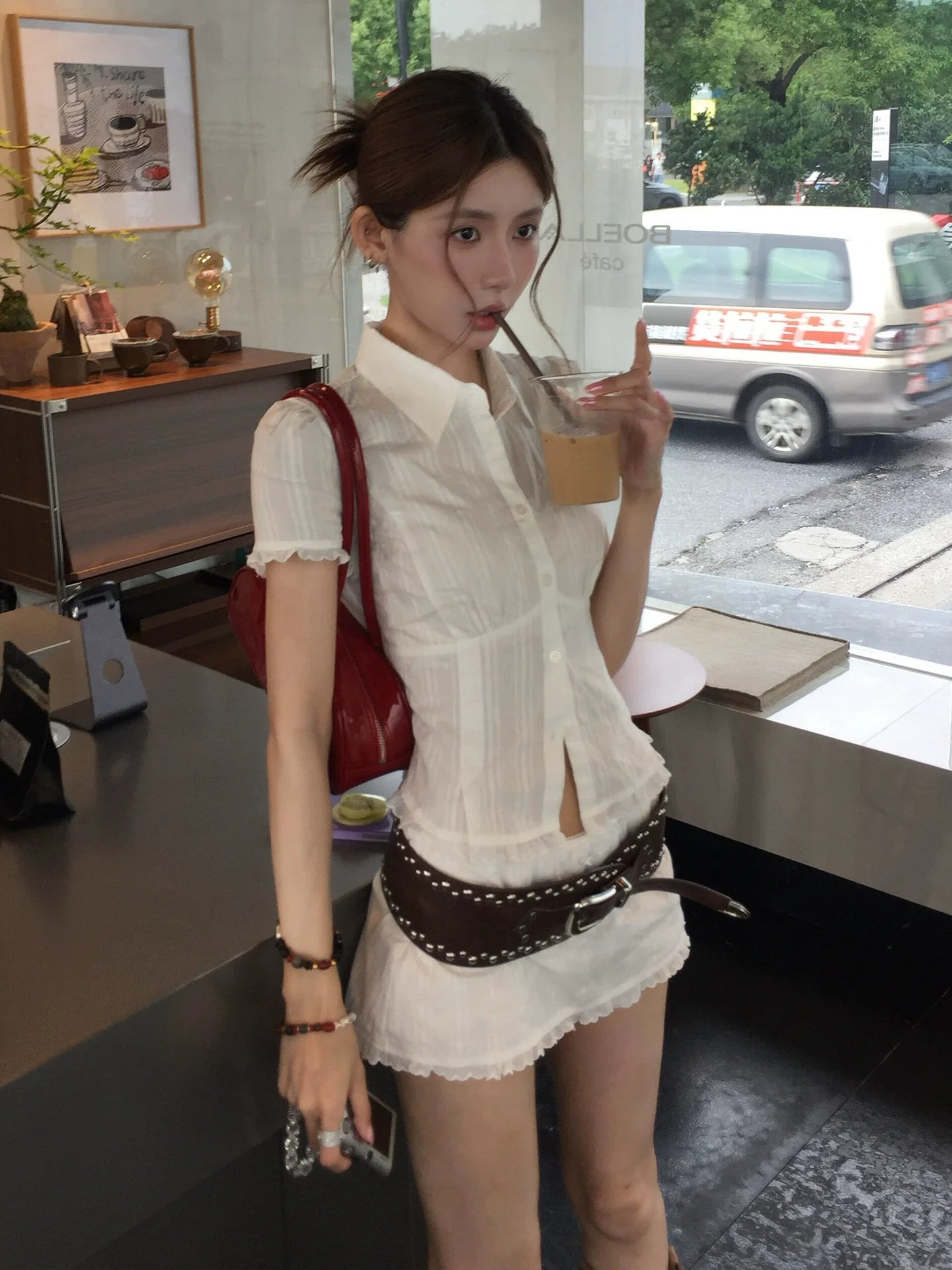 Preppy White Fitted Shirt  Structured Shoulder Waist-Cinched Short Sleeve Top