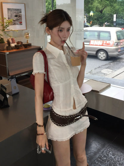 Preppy White Fitted Shirt  Structured Shoulder Waist-Cinched Short Sleeve Top